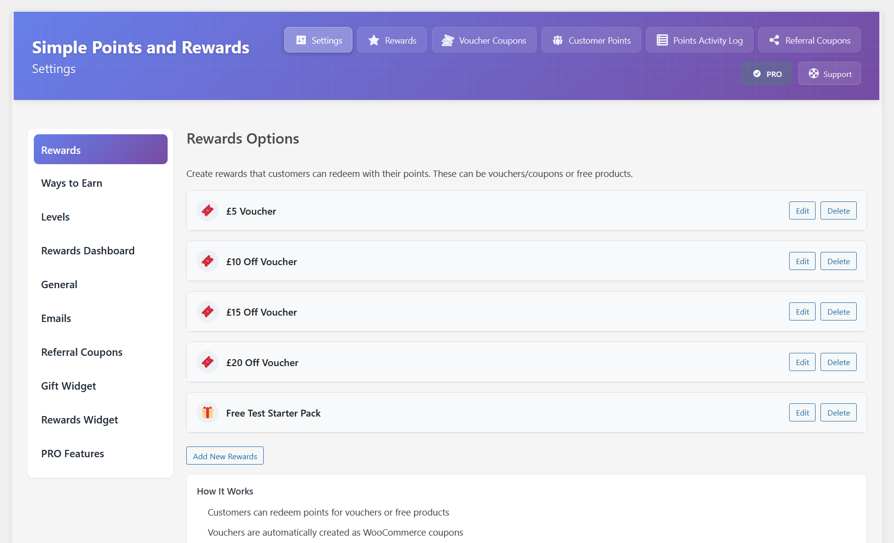Rewards settings panel